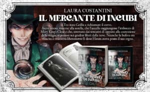 Mago con cilindro e libro, dark fantasy, copertina di "Il mercante di incubi" di Laura Costantini.