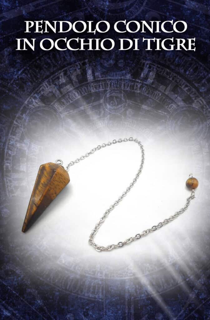 Pendolo conico in occhio di tigre, accessorio misterioso, Dark Abyss, simbolismo esoterico.