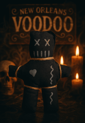 Kawaii pupazzo nero con teschio, decorazioni erbacce, atmosfera dark, temi horror e dark fantasy.