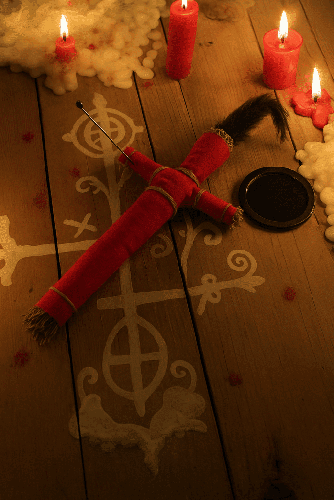 Antico rituale magico con candela rossa e simboli celtici su tavolo di legno, atmosfera darkabyss.