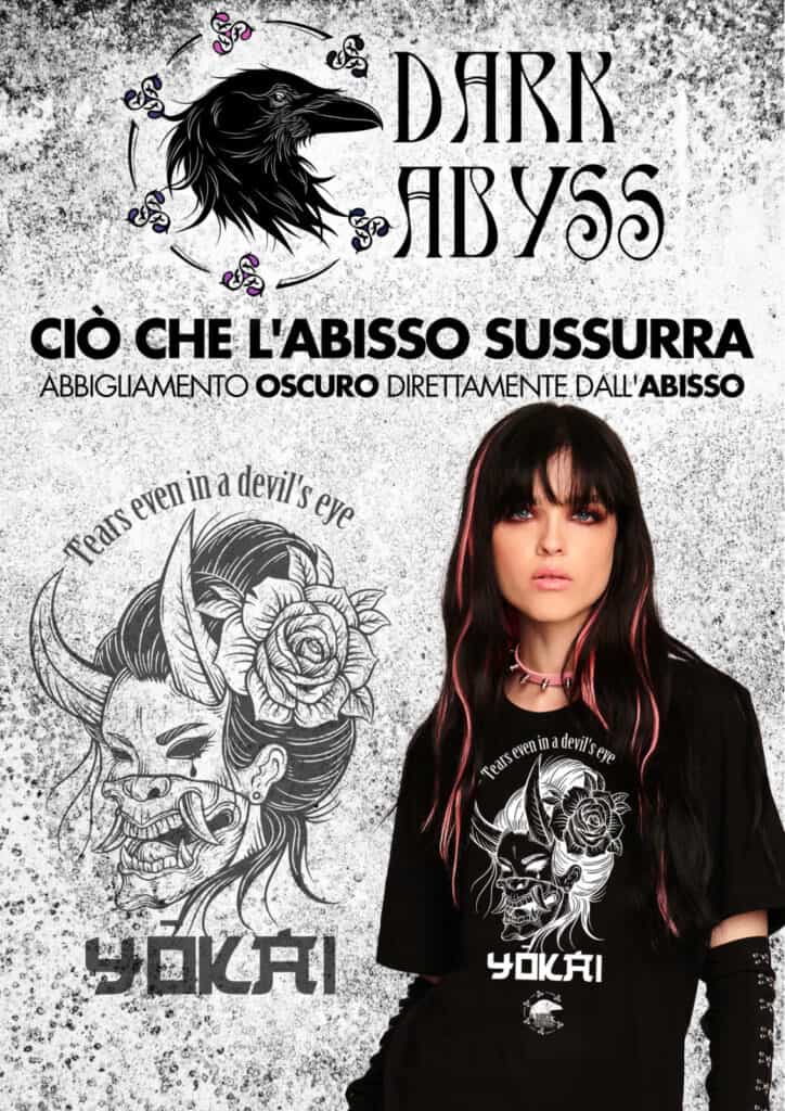 Dark abyss logo di un corvo nero con fiori e rune runiche, arte dark e gotica.