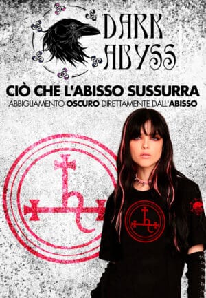 Morta con simbolo occulto su maglietta, atmosfera dark, libri horror e dark fantasy, Dark Abyss edizioni, stile gotico.