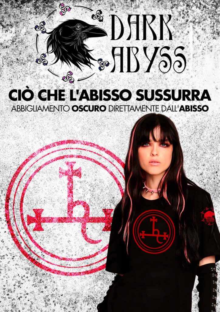 Morta con simbolo occulto su maglietta, atmosfera dark, libri horror e dark fantasy, Dark Abyss edizioni, stile gotico.