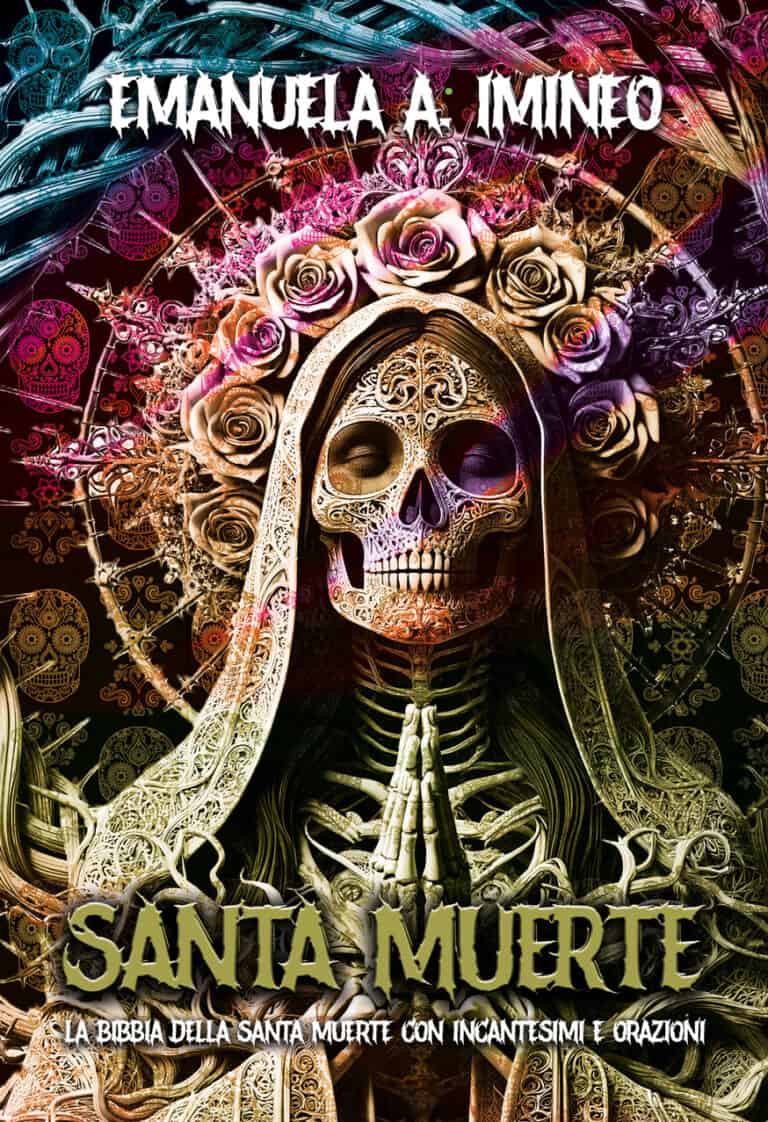Morta santa con maschera di ossa, fiori e incisioni, simbolo di spiritualità e morte nella cultura messicana.