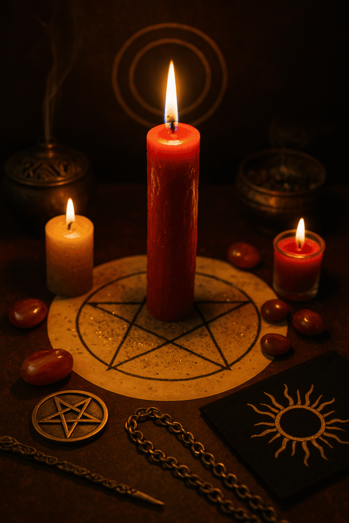 Fuoco di candela rosso su simbolo occulto in tavola. Atmosfera misteriosa di magia nera e rituali arcani.
