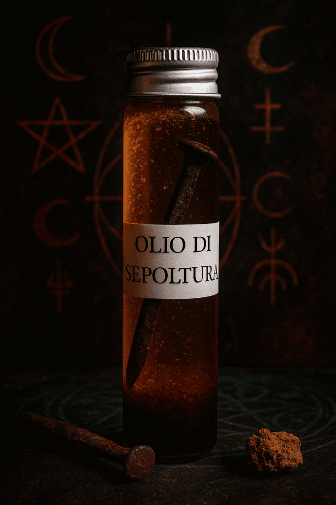 Olio di sepoltura in bottiglia con chiodo e pietra, ambientazione dark e simbolismi occulti.