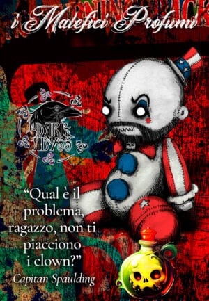 Mangiatoia di clown inquietanti con cappello patriottico e bottiglia di pozione horror, copertina dark art di Dark Abyss.