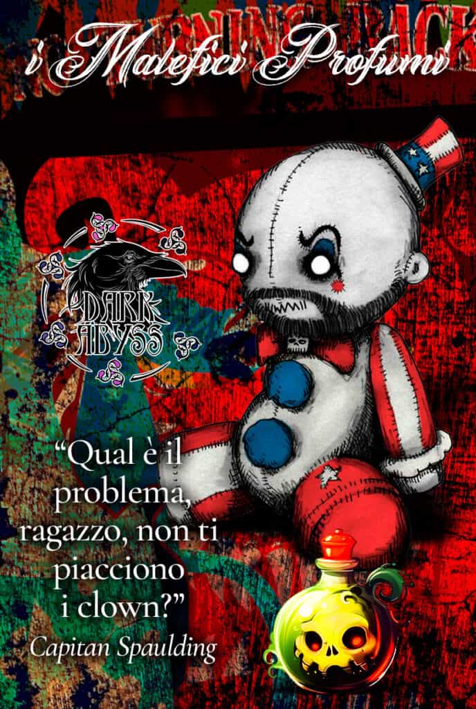 Mangiatoia di clown inquietanti con cappello patriottico e bottiglia di pozione horror, copertina dark art di Dark Abyss.