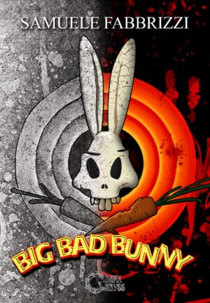 Lettera sottile di un coniglio scheletrico con un pancione enorme e armeggiando con una carota, sfondo con elementi oscuri e sangue, copertina di un libro horror Dark Abyss.