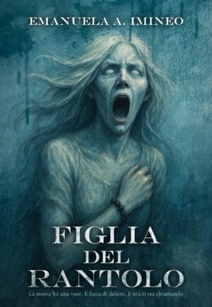 Morta inquietante con lunga chioma e bocca aperta, coperta di luce blu, copertina libro horror Dark Abyss.