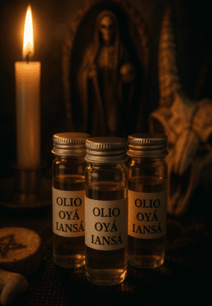 Oli o ya iansá, incenso e oggetti sacri in un ambiente oscuro, atmosfera mistica e spirituale, evocando rituali esoterici e tradizioni spirituali.