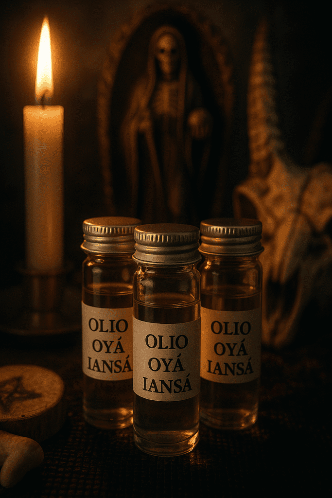 Oli o ya iansá, incenso e oggetti sacri in un ambiente oscuro, atmosfera mistica e spirituale, evocando rituali esoterici e tradizioni spirituali.
