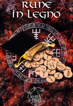Antico scenario con rune di legno, simboli misteriosi e magici su sfondo rosso oscuro.