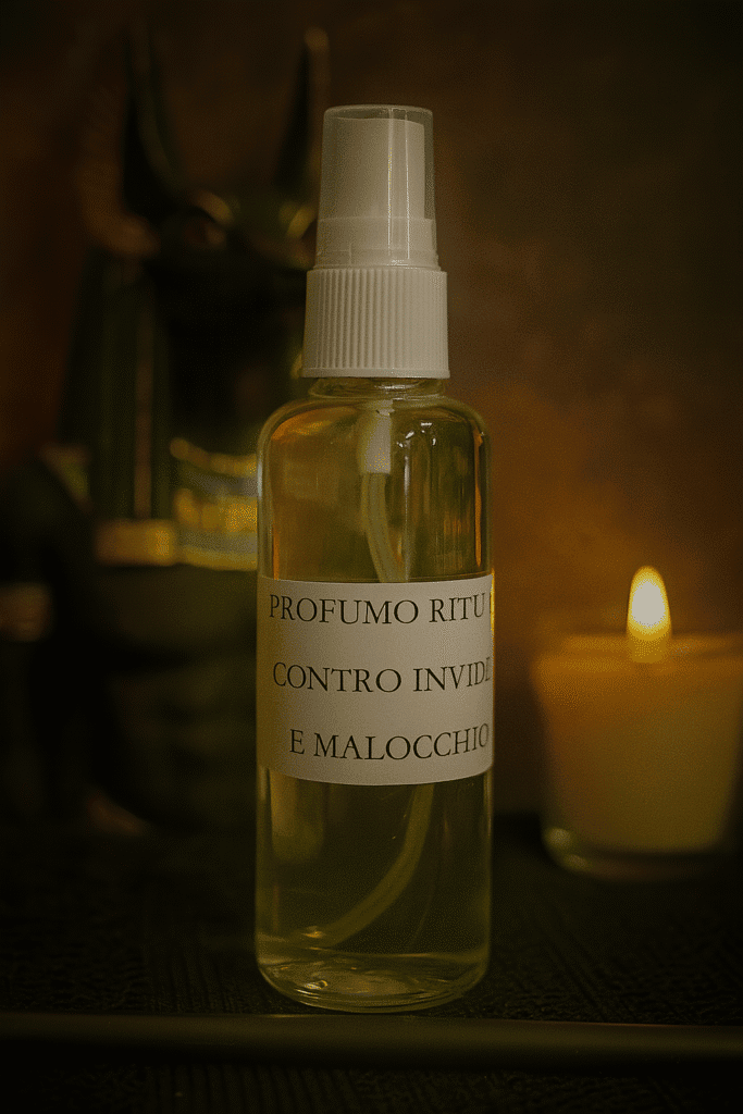Spray sanza etichetta "Profumo Ritu contro invidia e malocchio" con ambientazione buia e candela, evocando mistero e spiritualità.