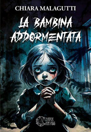 Lamina di copertina di un libro horror con bambina spaventata, atmosfera oscura e inquietante, Dark Abyss.