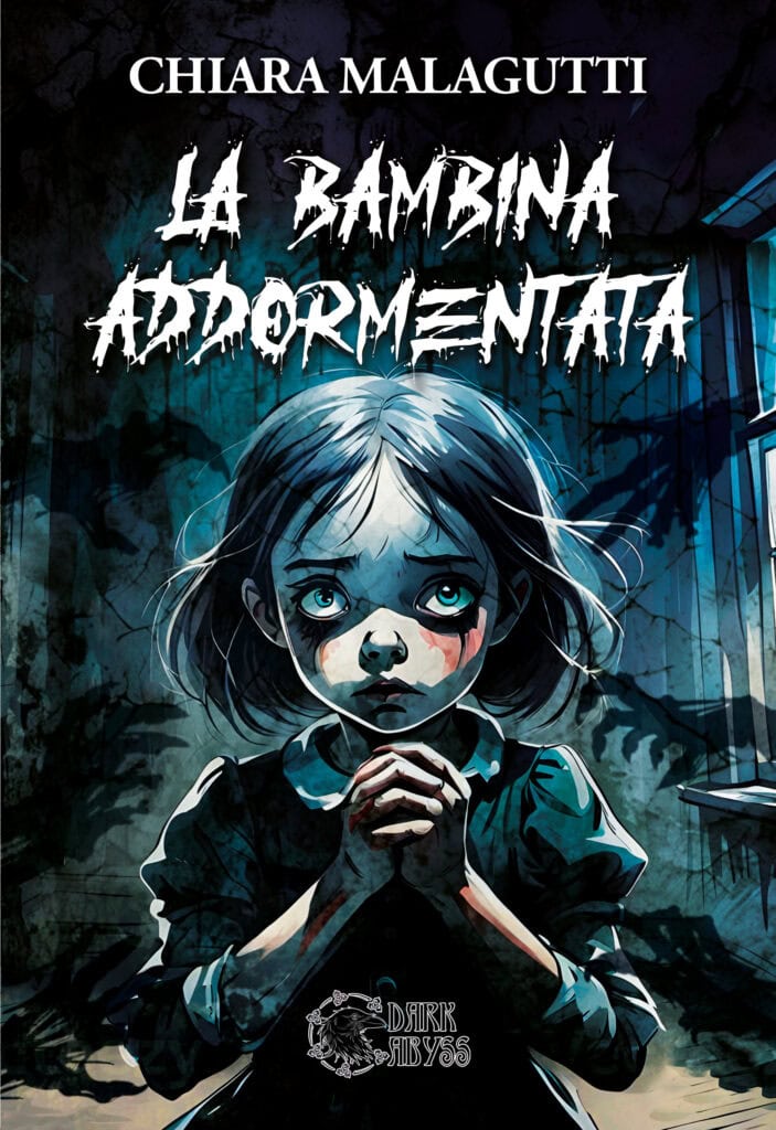 Lamina di copertina di un libro horror con bambina spaventata, atmosfera oscura e inquietante, Dark Abyss.