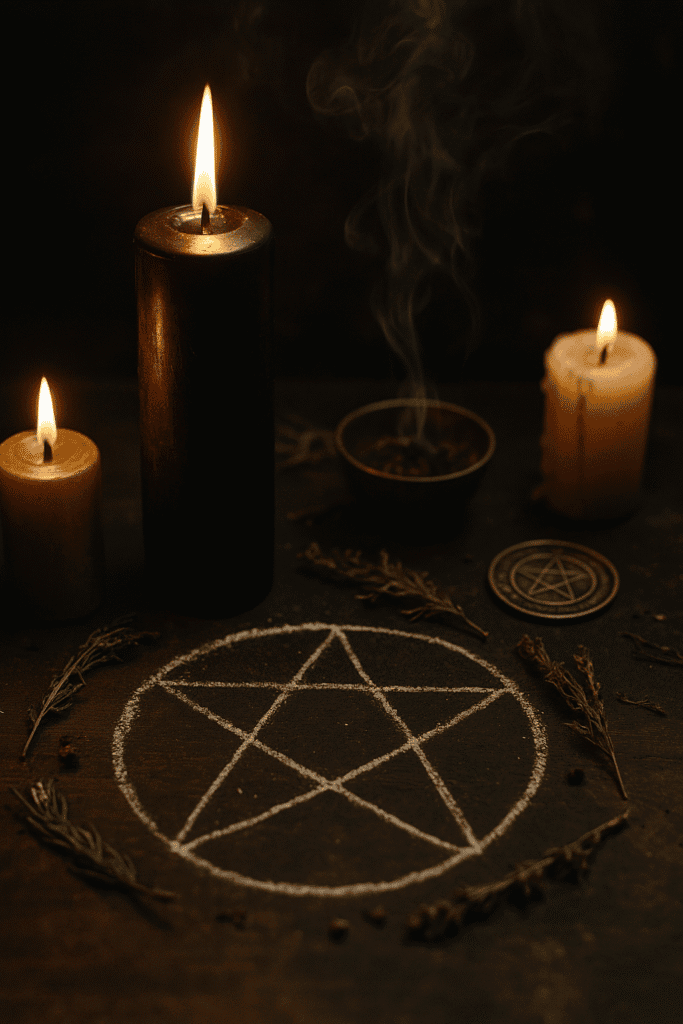 Necromanzia e rituali oscuri con candele e simboli occulti.