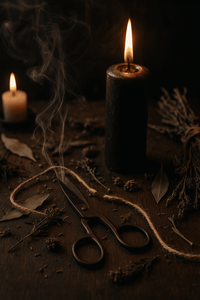 Fiamma di candela nera con fumo e strumenti teatrali su fondo scuro, atmosfera misteriosa e gotica.