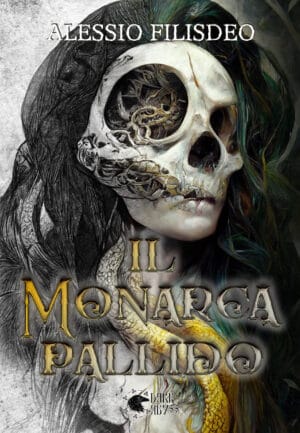 Skull con serpente e donna con capelli colorati, arte dark e gotica, copertina libro horror Dark Abyss, Ill Monarcha Pallido.