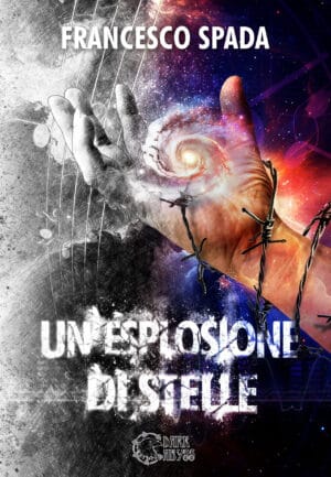 Sottile mano che suona chitarra con universo cosmico e vortice galattico, simbolo di mistero e esplorazione dell'ignoto.