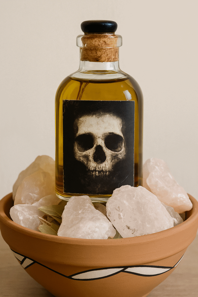 Olio con etichetta teschio, simbolo oscuro e gotico, perfetto per atmosfera darknet e dark abyss.