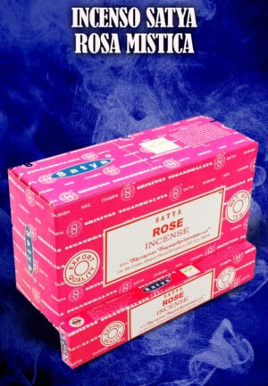 Incenso satya rosa mistica in confezione colorata su sfondo blu.
