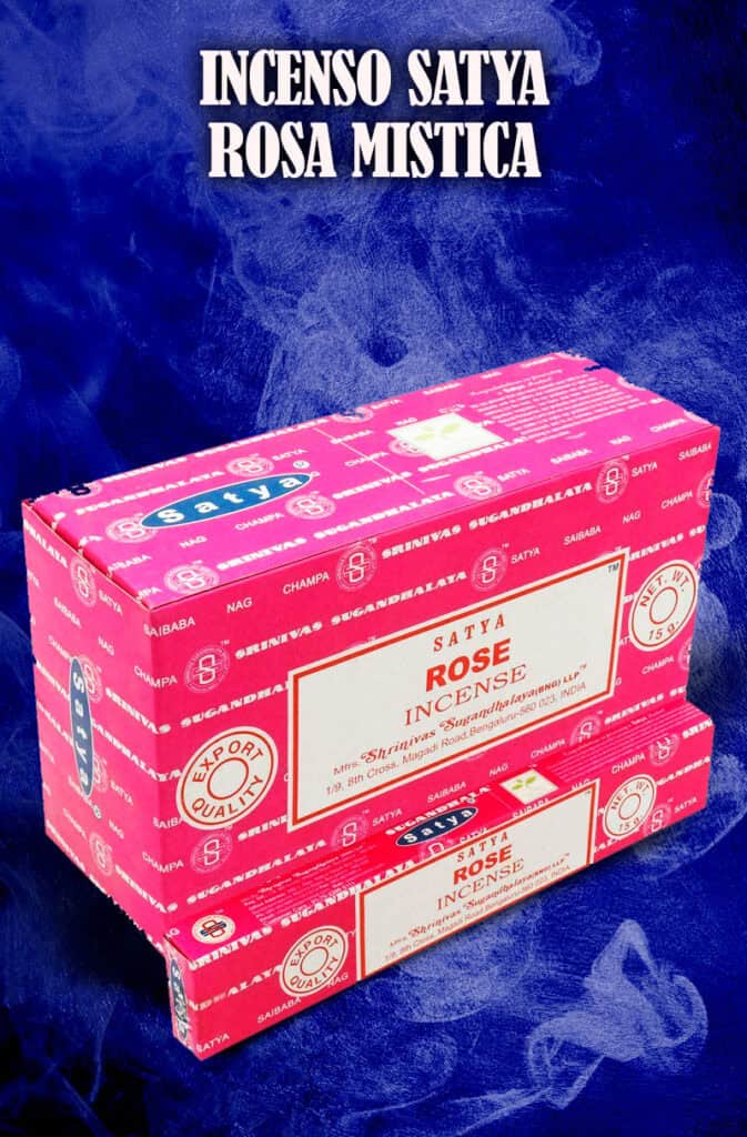 Incenso satya rosa mistica in confezione colorata su sfondo blu.