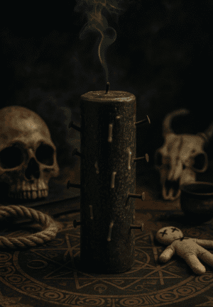 Vecchio candelabro con chiodi e fumo, atmosfera dark, simbolismo occulto.