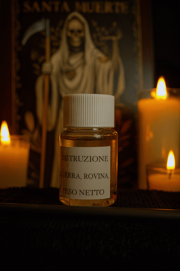 Pompa di pillole con etichetta "Distruzione guerra, rovina, peso netto" con sfondo di immagini oscure e candele sul tema Dark Abyss.