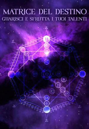 Matrice del destino con simboli esoterici e sfondo cosmico in viola e nero.