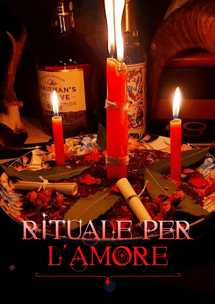 Votivo rituale d'amore con candele rosse, foglie e incensi, atmosfera oscura e suggestiva, ispirato a Dark Abyss.