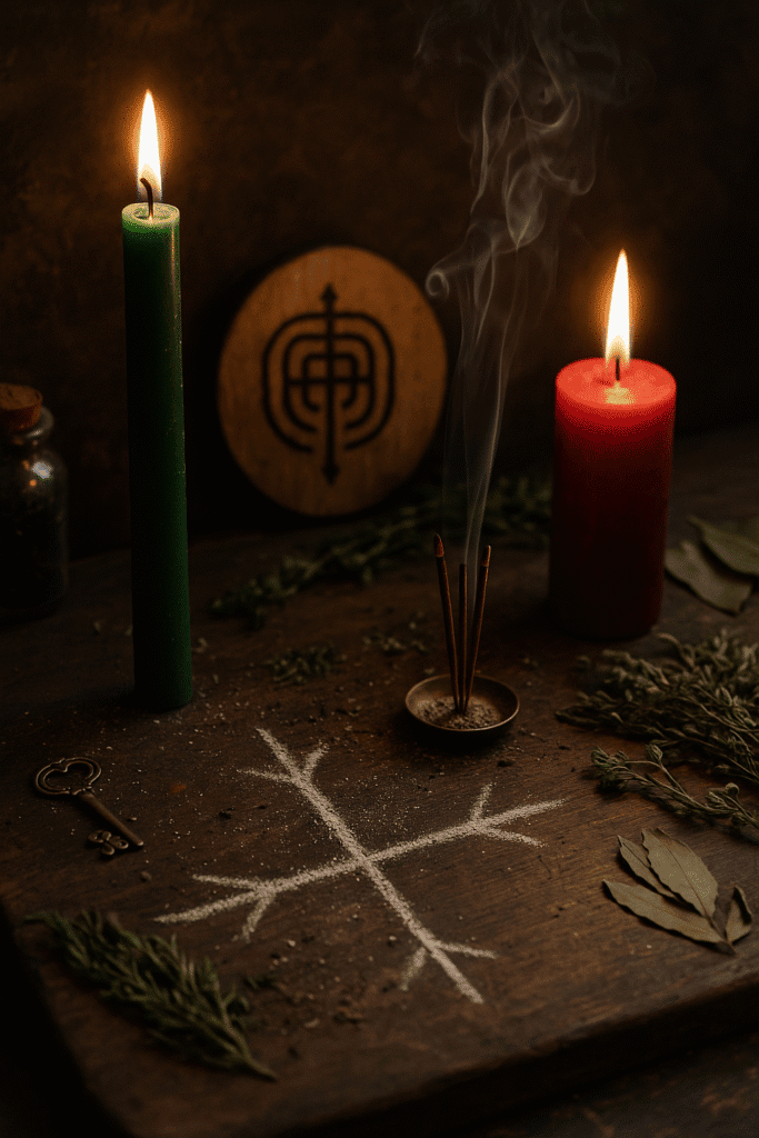 Fumiga di incenso tra candele accese in un rituale occulte dark abyss.