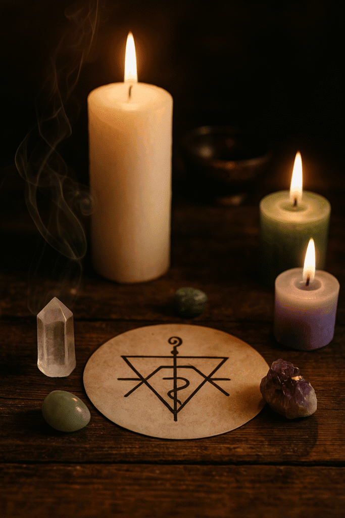 Incenso, candele e simbolo occulto su tavolo di legno.