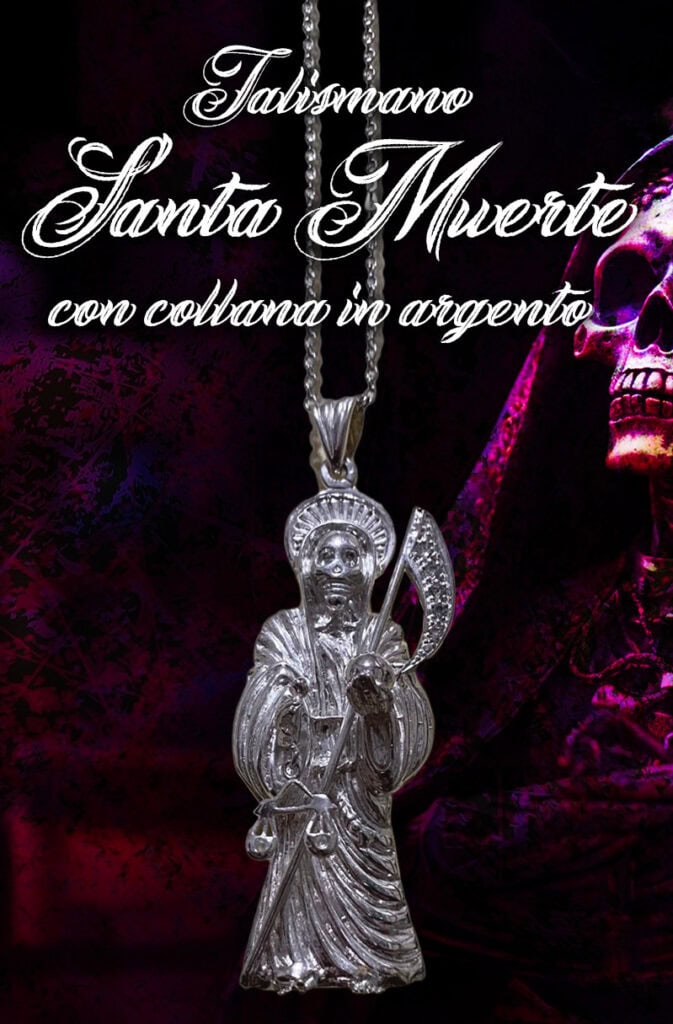 Collana con pendente di Santa Muerte in argento, simbolo di fede e spiritualità oscura. Perfetta per collezionisti di arte gotica e spirituale.