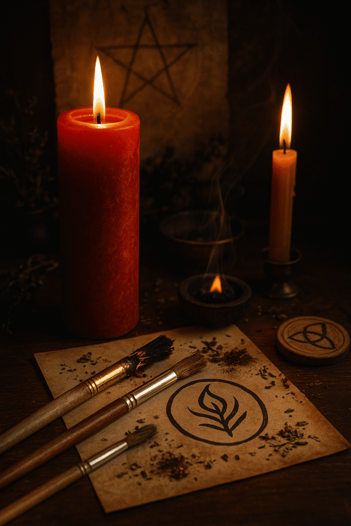 Fiamme di candele rosse in atmosfera oscura, simboli esoterici e rituali dark abyss.