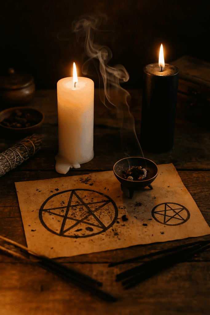 Incenso, candele e simboli occulti su tavolo in stile dark horror.