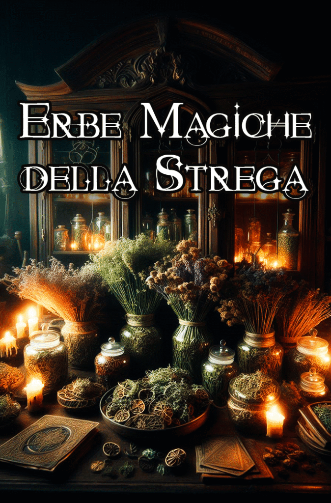 Vetrina esoterica con erbe magiche e ingredienti misteriosi, atmosfera oscura e incantesimi oscuri.