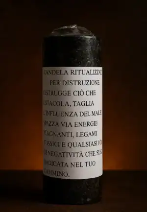 Candela rituale per distruzione, simbolo di energia negativa, dark abyss, magia oscura.