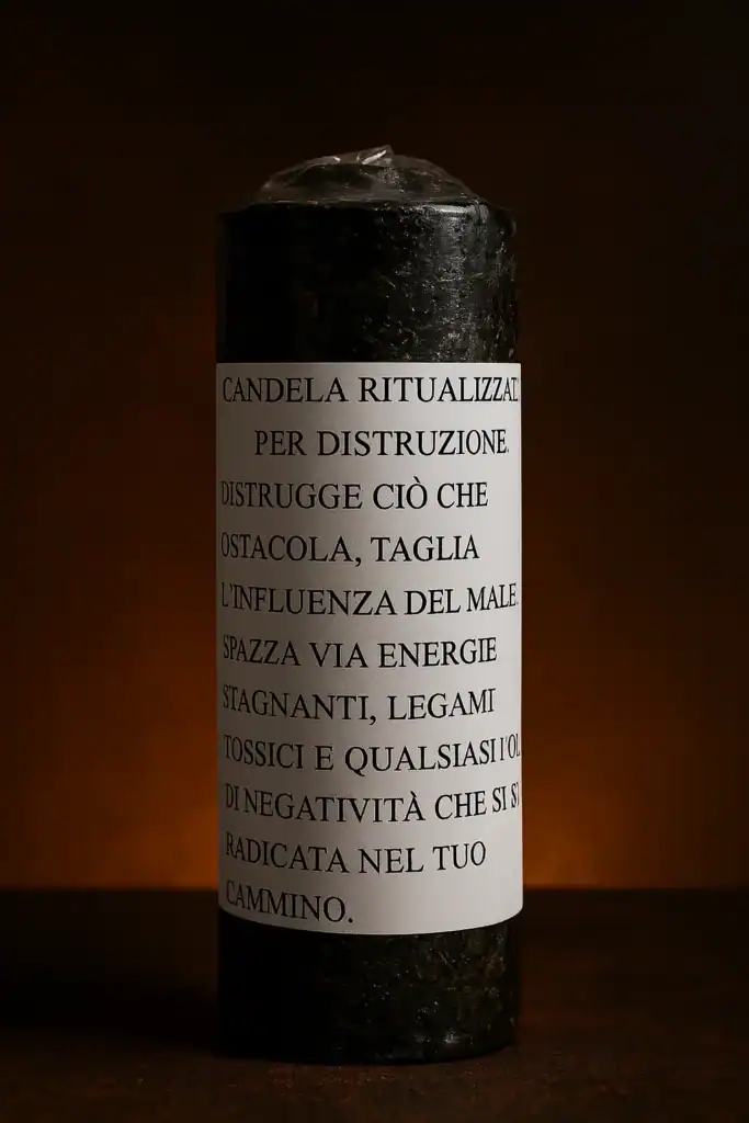Candela rituale per distruzione, simbolo di energia negativa, dark abyss, magia oscura.
