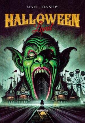 Terribile clown da luna park con volto verde e espressione spaventosa, atmosfera horror, Dark Abyss, Halloween, horror, fumetti.