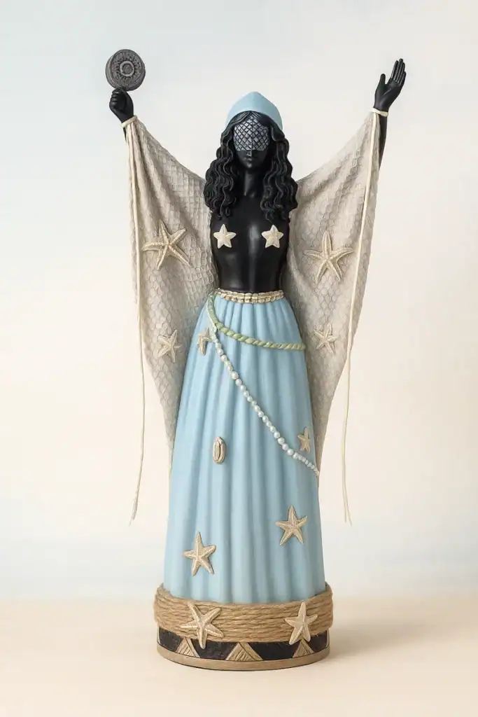 Santo con scettro a forma di disco, statua decorativa con tema marino e dettagli in stile mare, progetto artistico Dark Abyss.