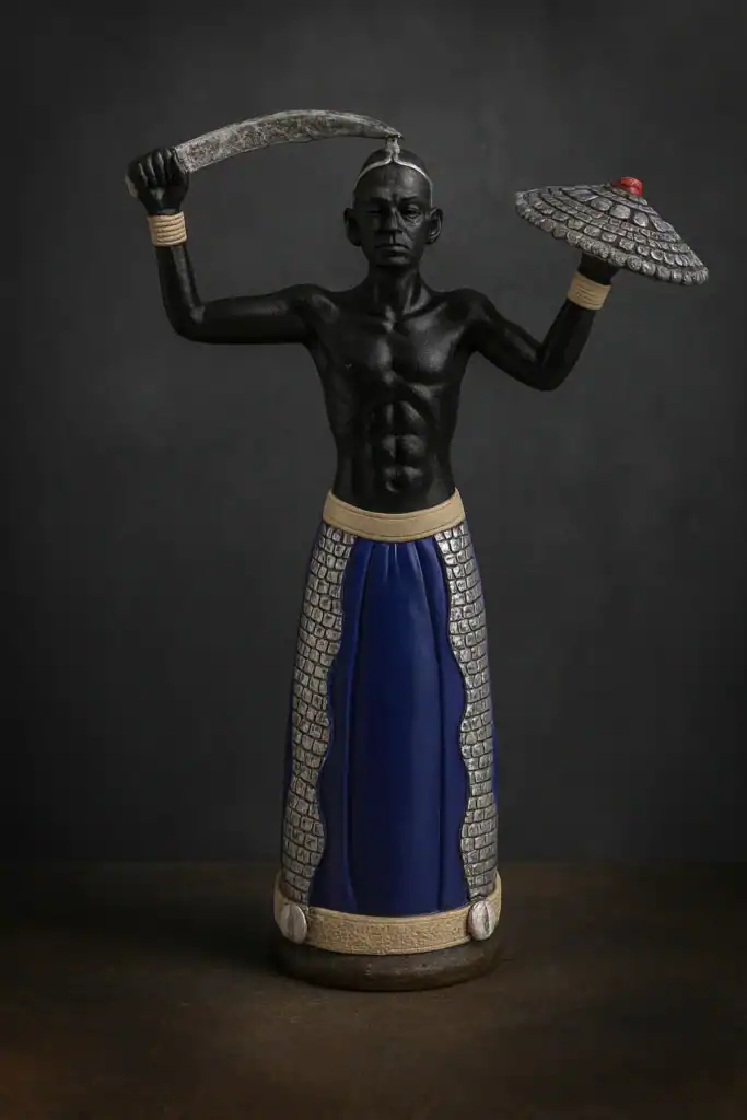 Scolpore africano oscuro, statuetta museale di arte tribale originale.