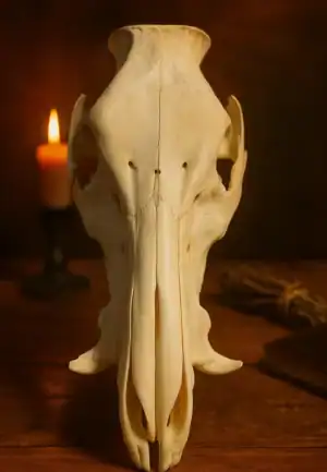 Skull di animale antico in un'ambientazione dark, perfetto per narrativa dark fantasy o horror.
