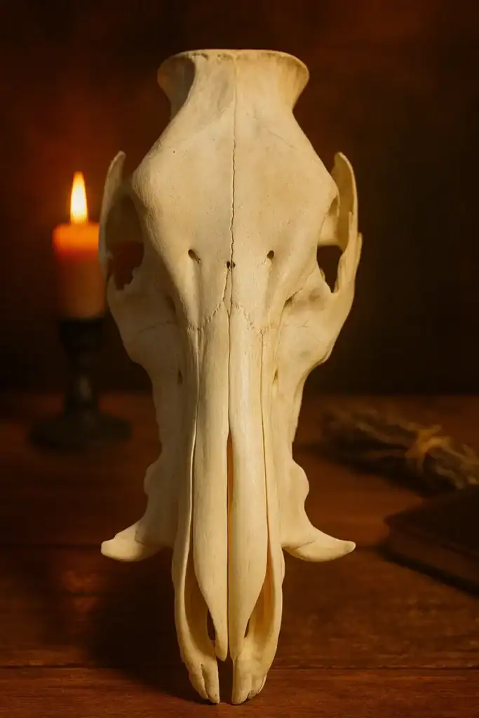Skull di animale antico in un'ambientazione dark, perfetto per narrativa dark fantasy o horror.