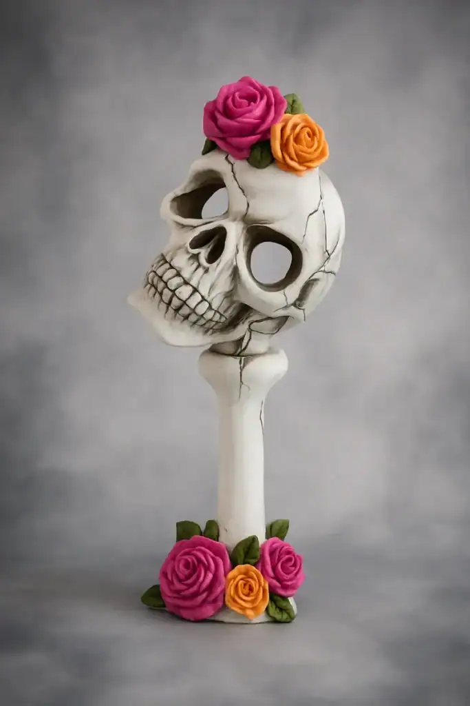 Calavera con fiori rosa e arancioni, decorazione artistica dark abyss, simbolismo memento mori, oggetto di design gotico, arte funebre moderna.