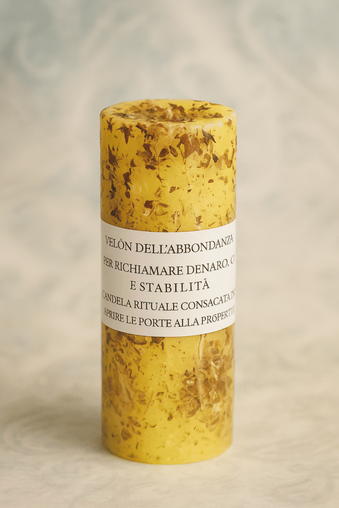 Vela rituale gialla con scritta dark abyss, simbolo di stabilità e ricchezza.