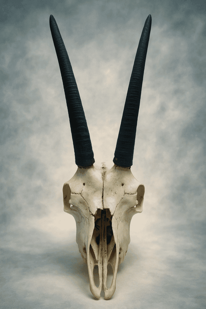 Skull di antilope con lunghe corna nere, simbolo di dark fantasy e mistero.