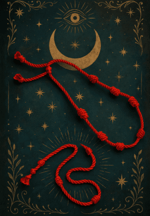 Corda rossa, simbolo esoterico, decorazione misteriosa su sfondo stellato, darkabyss edizioni, arte dark e simbolismo occulte.