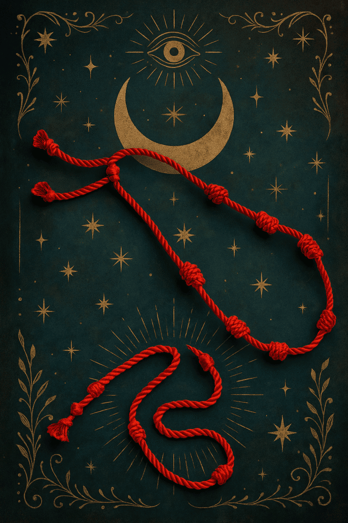 Corda rossa, simbolo esoterico, decorazione misteriosa su sfondo stellato, darkabyss edizioni, arte dark e simbolismo occulte.