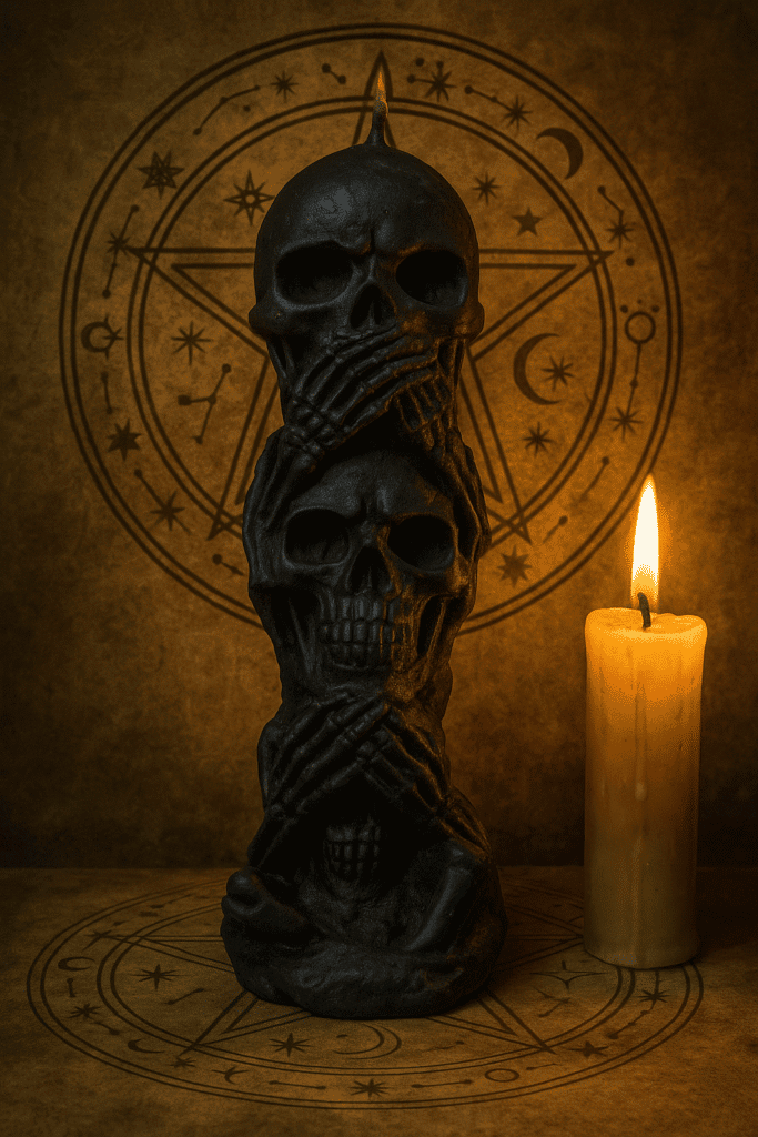 Skull di cera con mani scheletriche e simboli occulti sullo sfondo, atmosfera dark e misteriosa.